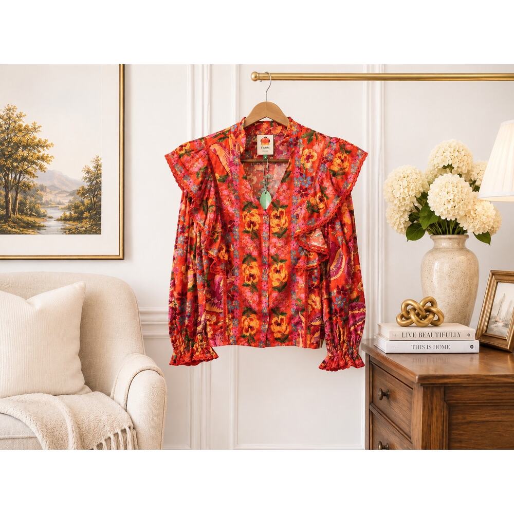 Farm Rio Red Spring Bananas Blouse NWT Large Floral Ruffle Balloon Sleeve Resort